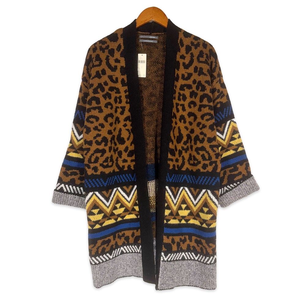 NWT Anthropologie Leopard Print Tribal Cardigan Open Knit Boho S